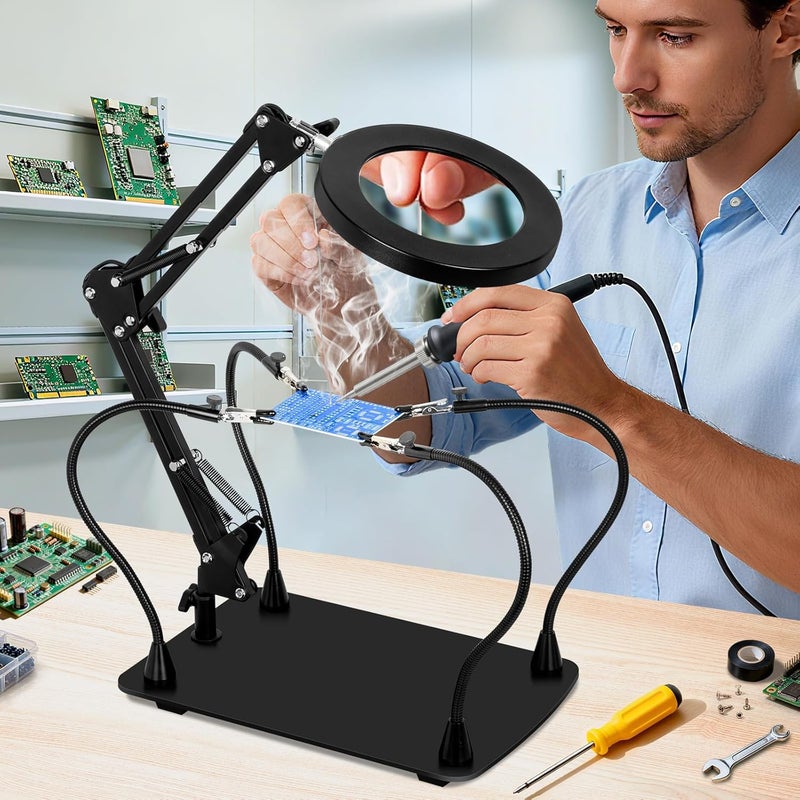 KUVRS 10X Magnifying Glass with Light and Stand, Magnetic Helping Hands Soldering Station, PCB Holder Magnifying Lamp, 3 Color Adjustable Arm Hands Free Magnifier with Light for Soldering Craft Hobby - Image 1